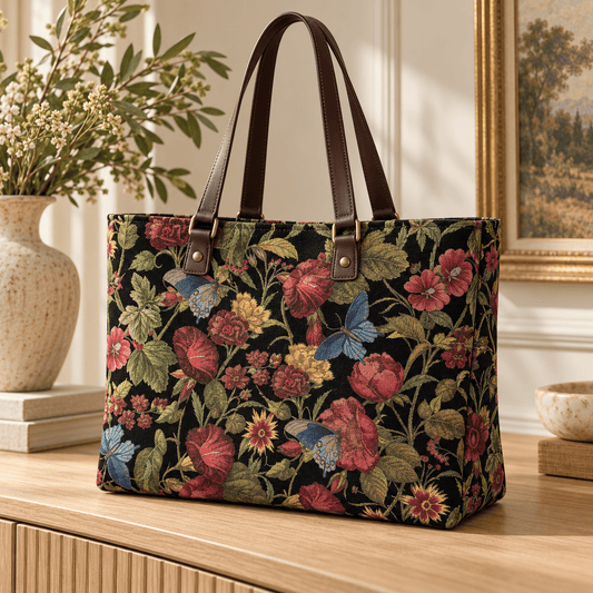 Image d'une tapisserie papillon parmi les fleurs – disponible en ligne chez Šarlotes audumi