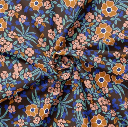 Popeline à fleurs bleues et orange