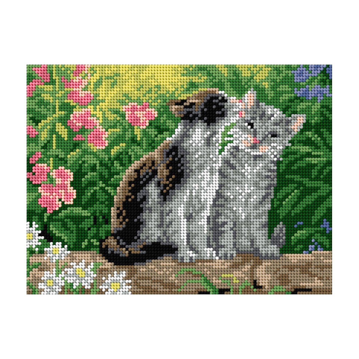 Attēls ar Izšūšanas kanva ar apdrukātu rakstu – Kaķi ziedu dārzā, 18 × 24 cm – pieejams internetā Šarlotes audumi