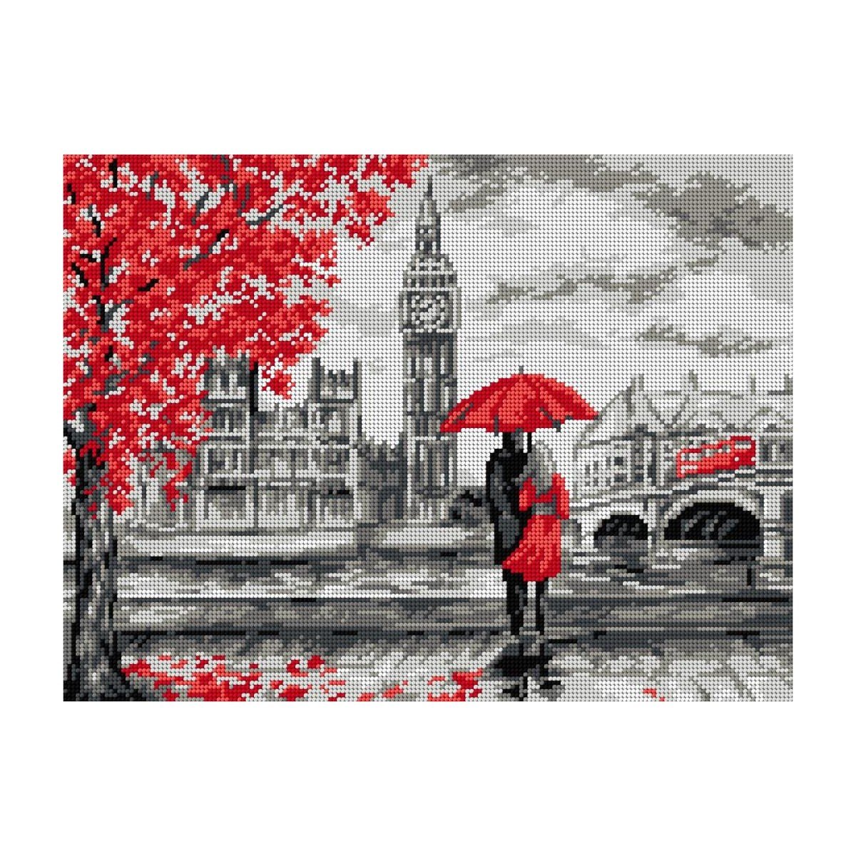 Image d'une toile à broder avec motif imprimé – Couple sous la pluie, 30 × 40 cm – disponible en ligne chez Šarlotes audumi