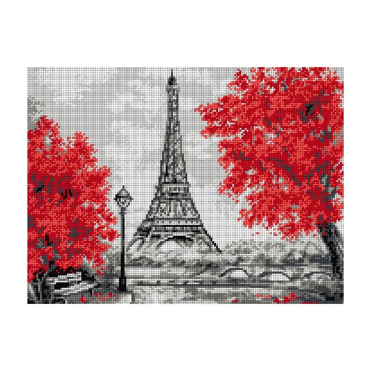 Image d'une toile à broder avec motif imprimé – Paris et la tour Eiffel, 30 × 40 cm – disponible en ligne chez Šarlotes audumi