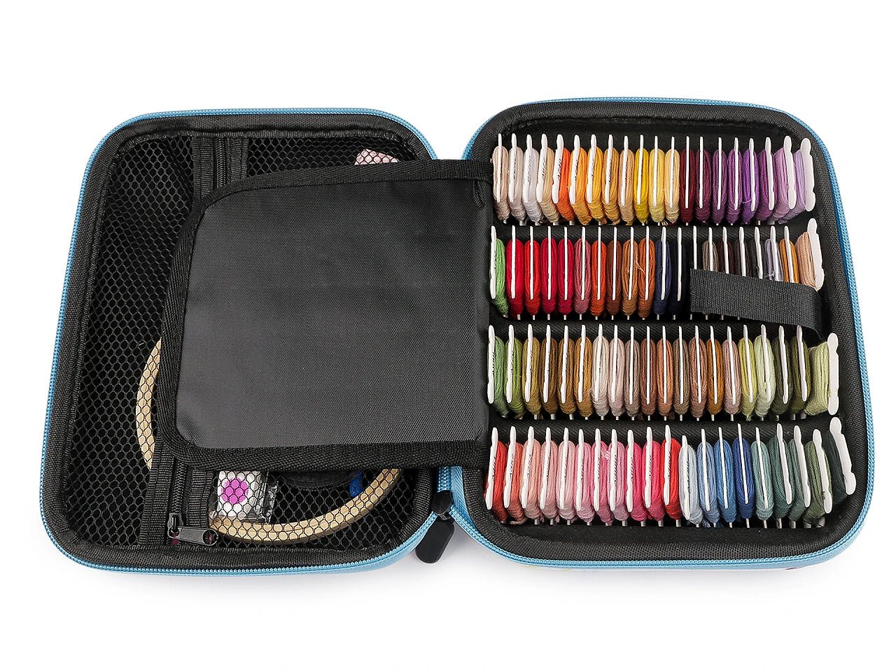 Image du kit de broderie dans un coffret avec fils moulinés et outils – disponible chez Šarlotes audumi