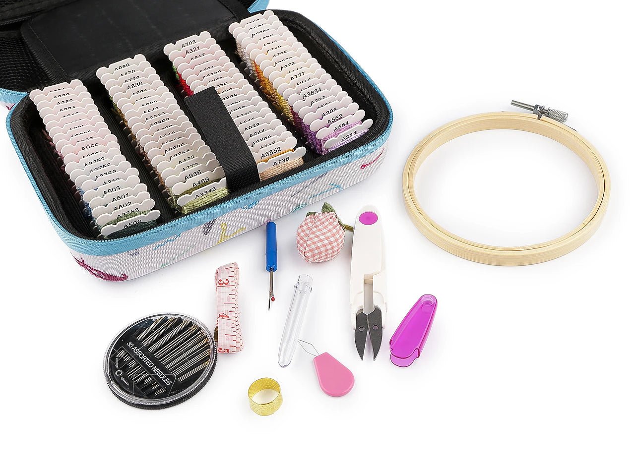 Image d’un kit de broderie dans une valisette avec fils moulinés et outils – disponible chez Šarlotes audumi