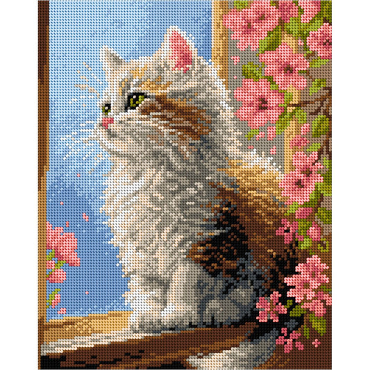 Image du kit de broderie MALVINA – Chat à la fenêtre, 24 × 30 cm – disponible en ligne chez Šarlotes audumi