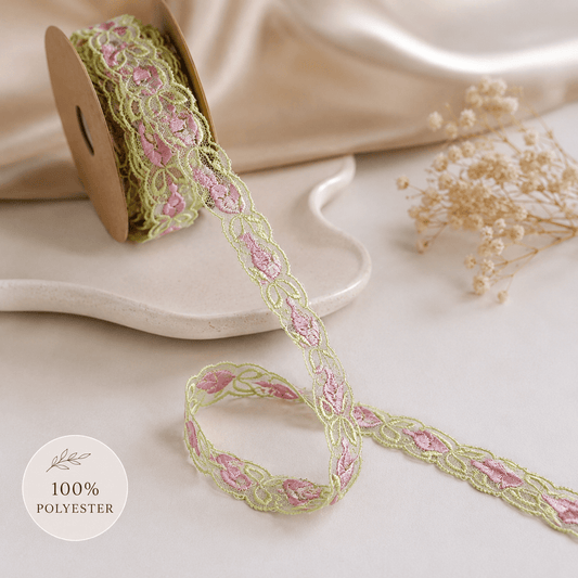 Image of embroidered lace 1,5 cm - pink tulips – available at Šarlotes audumi