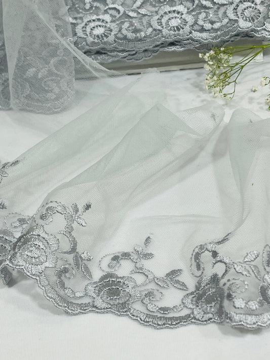 Image of embroidered lace 15 cm - silver – available at Šarlotes audumi