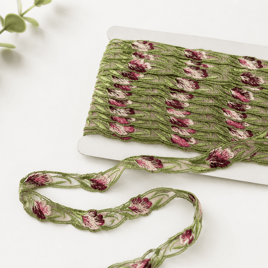 Image of embroidered lace 1.8 cm - pink flowers and green leaves - available at Šarlotes audumi