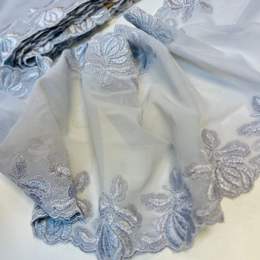 Image of embroidered lace 19 cm - with gray-toned embroidery – available at Charlotte's Fabrics