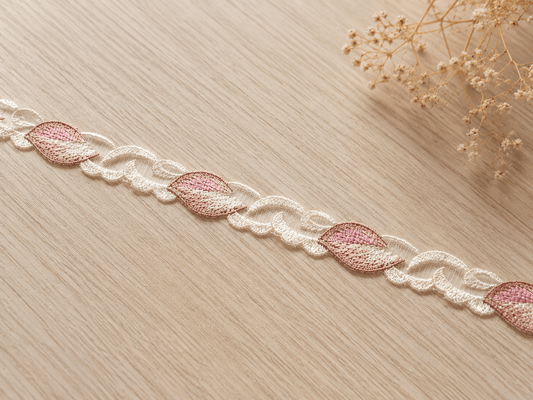 Image with embroidered lace 2 cm - beige and old rose leaves – available at Šarlotes audumi