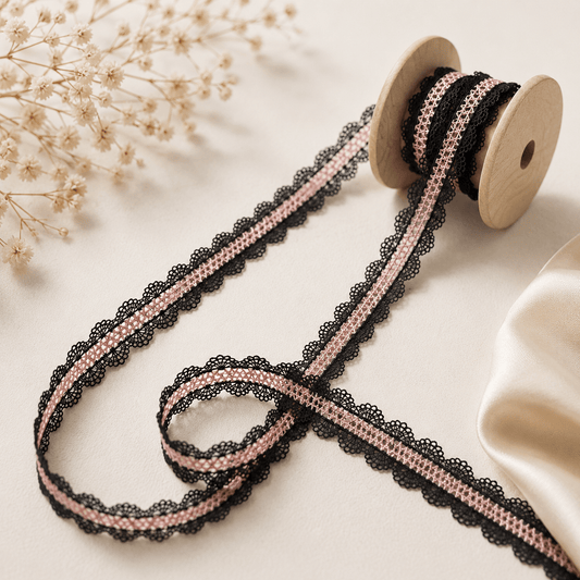 Image with embroidered lace 2 cm - black with a pink accent – available at Charlotte Fabrics