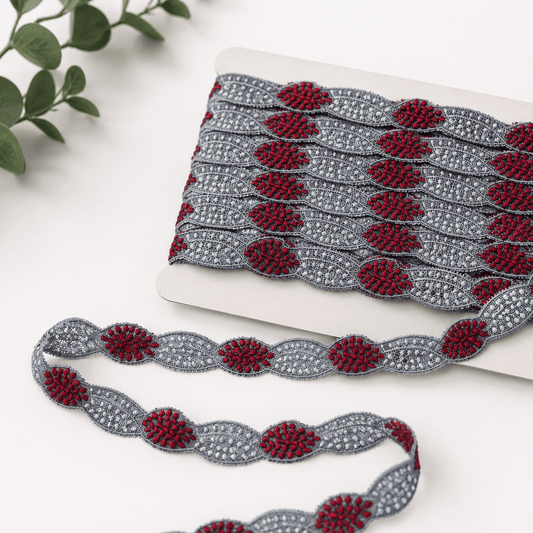 Image of embroidered lace 2 cm - red with gray – available at Charlotte's Fabrics