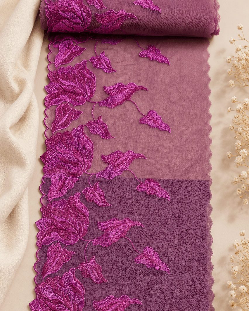 Image of embroidered lace 20 cm-fuchsia leaves – available online at Charlotte Fabrics