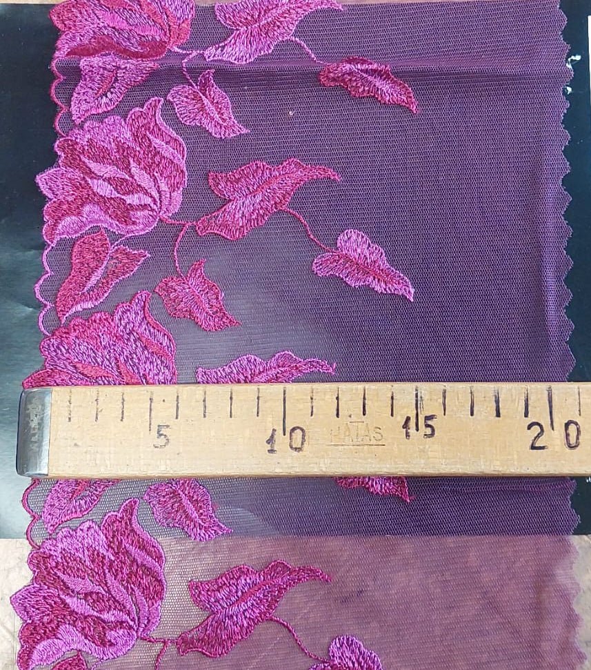 Image of embroidered lace, 20 cm, fuchsia leaves – available online at Charlotte's Fabrics