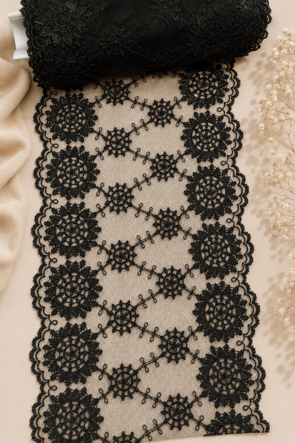 Image of embroidered lace 20 cm, charcoal black – available online at Šarlotes audumi