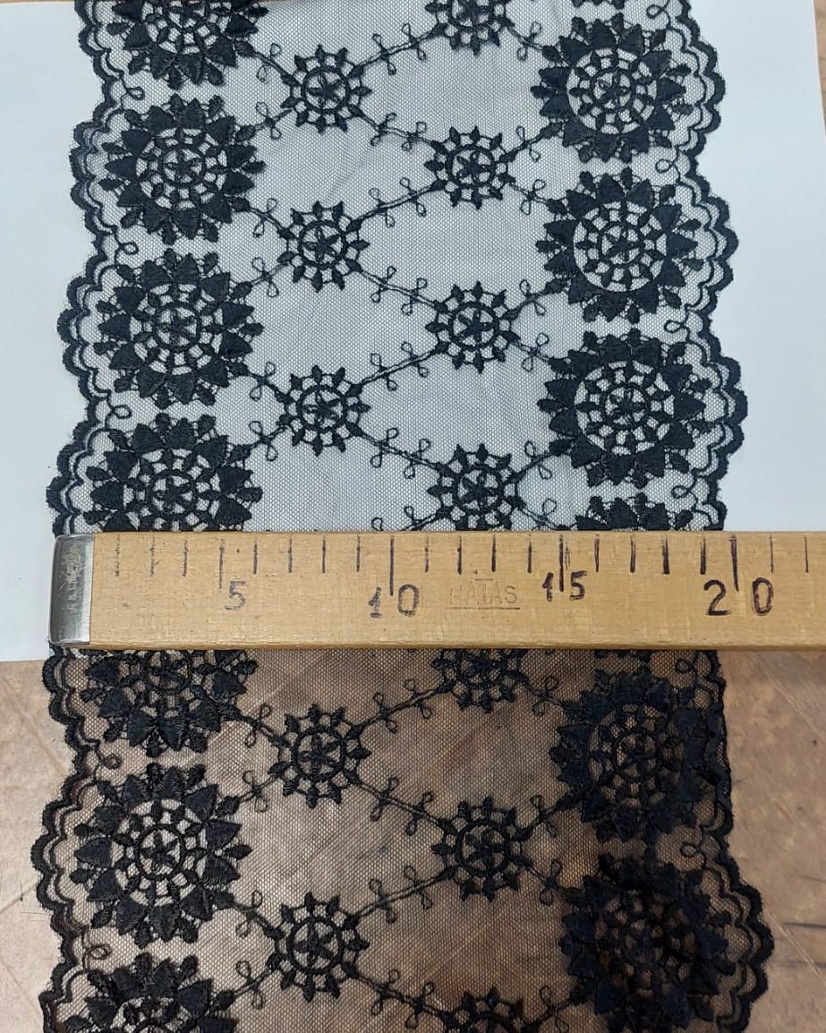 Image of embroidered lace 20 cm-Charcoal black – available online at Šarlotes audumi