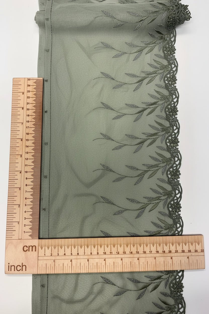 Image with embroidered lace 22 cm-sage green – available online at Šarlotes audumi