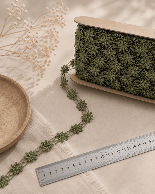 Attēls ar Izšūta mežģīnes lenta 1.2 cm - zaļas lapiņas – pieejams Šarlotes audumi