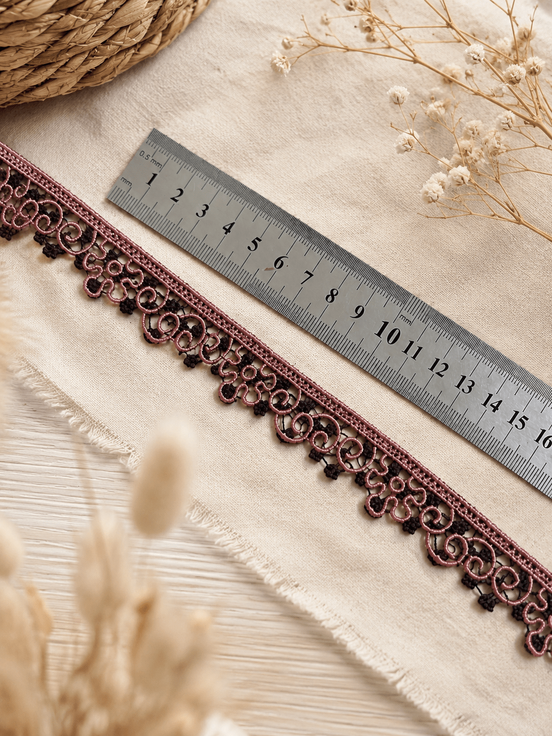Embroidered lace ribbon 1.5 cm - brown pink with black – available at Šarlotes audumi