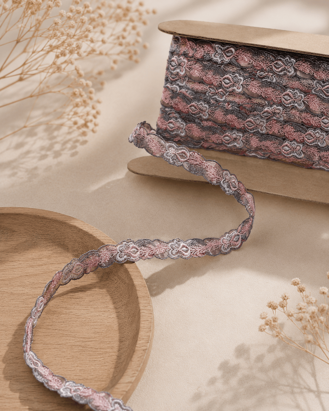 Image of embroidered lace ribbon 2 cm - grey and pink – available at Šarlotes audumi