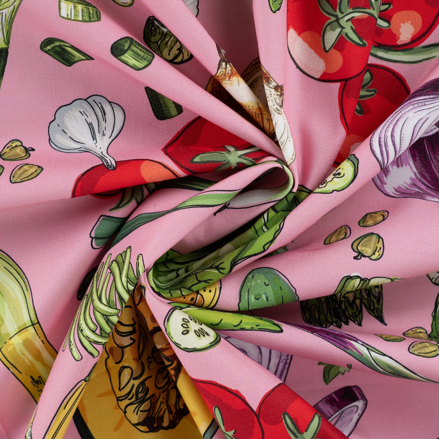 Canvas fabric - vegetables on pink 200 g/m²