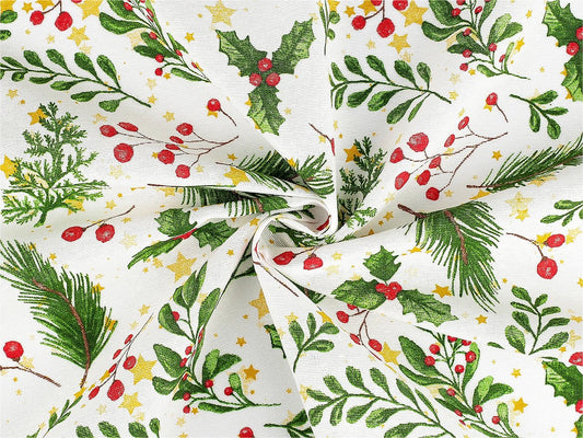 Image du tissu Canvas – canneberges et branches de sapin, disponible en ligne chez Šarlotes audumi