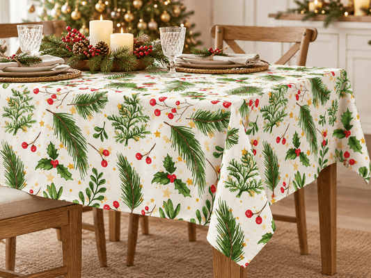 Image du tissu Canvas – canneberges et branches de sapin, disponible en ligne chez Šarlotes audumi