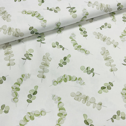 Kanvas fabric - eucalyptus on a white background 225 g/m²