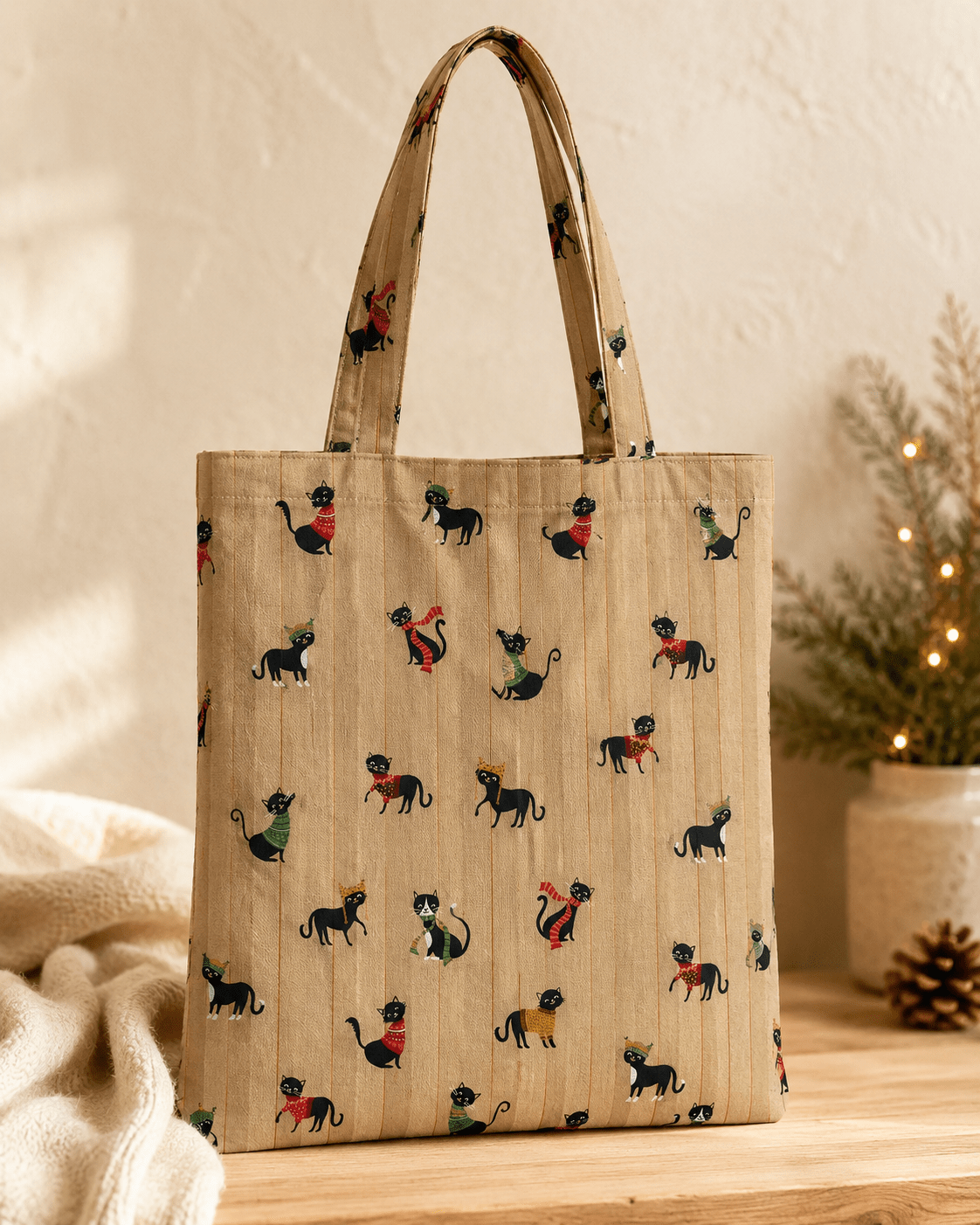 Image d’un tissu canvas avec des chats en écharpes – disponible en ligne chez Šarlotes audumi