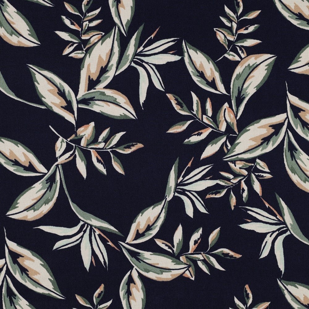 Tissu canvas - feuilles sur fond bleu foncé 225 g/m²