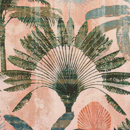 Image de tissu canvas à motif de feuilles de palmier dans des tons verts et abricot 210 g/m² – disponible chez Šarlotes audumi