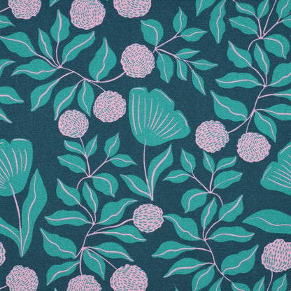 Tissu canvas au motif de feuilles rose et vert 225 g/m²