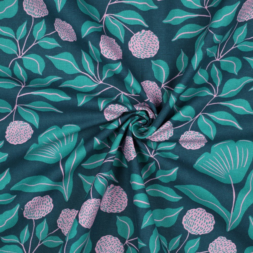 Tissu canvas - motif feuillage rose et vert 225 g/m²