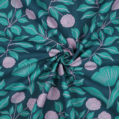 Tissu canvas - motif feuillage rose et vert 225 g/m²