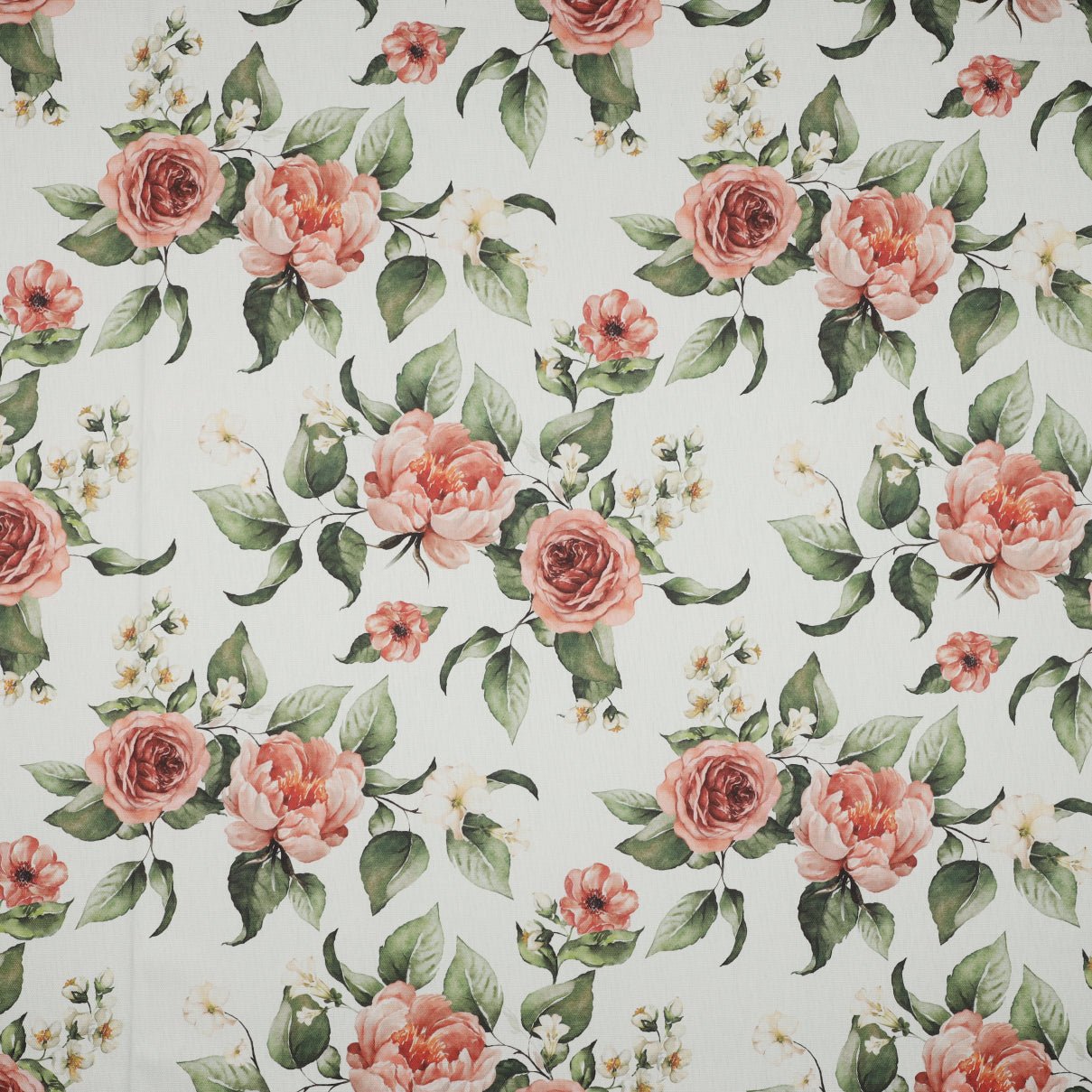 Canvas fabric - roses on a white background 225 g/m²