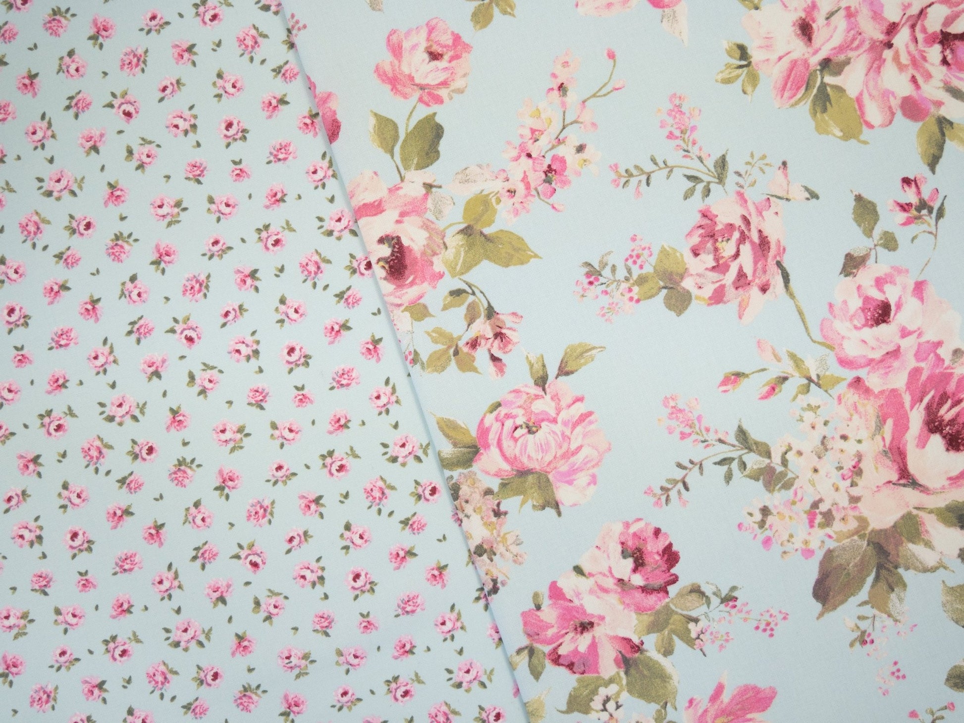 Tissu canvas avec roses sur fond bleu clair 200 g/m²