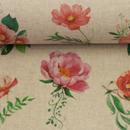 Image avec tissu en toile à fleurs sur fond ton lin – disponible en ligne Šarlotes audumi