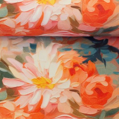 Canvas fabric floral painting in pink and coral tones 250 g/m² – available at Šarlotes audumi