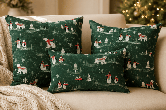 Tissu en toile à motif de Noël sur fond vert foncé – disponible en ligne chez Šarlotes audumi