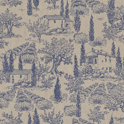 Image du tissu canvas - paysage provençal bleu sur fond lin 200 g/m² – disponible chez Šarlotes audumi