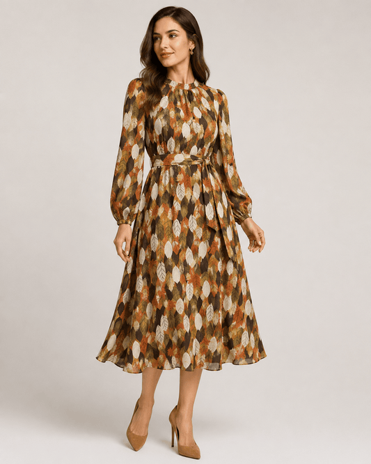 Image de tissu pour robe à accents dorés motif feuilles – disponible en ligne chez Šarlotes audumi