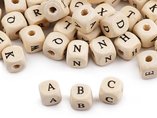 Wooden beads with letters, 10×10 mm|80 pcs.