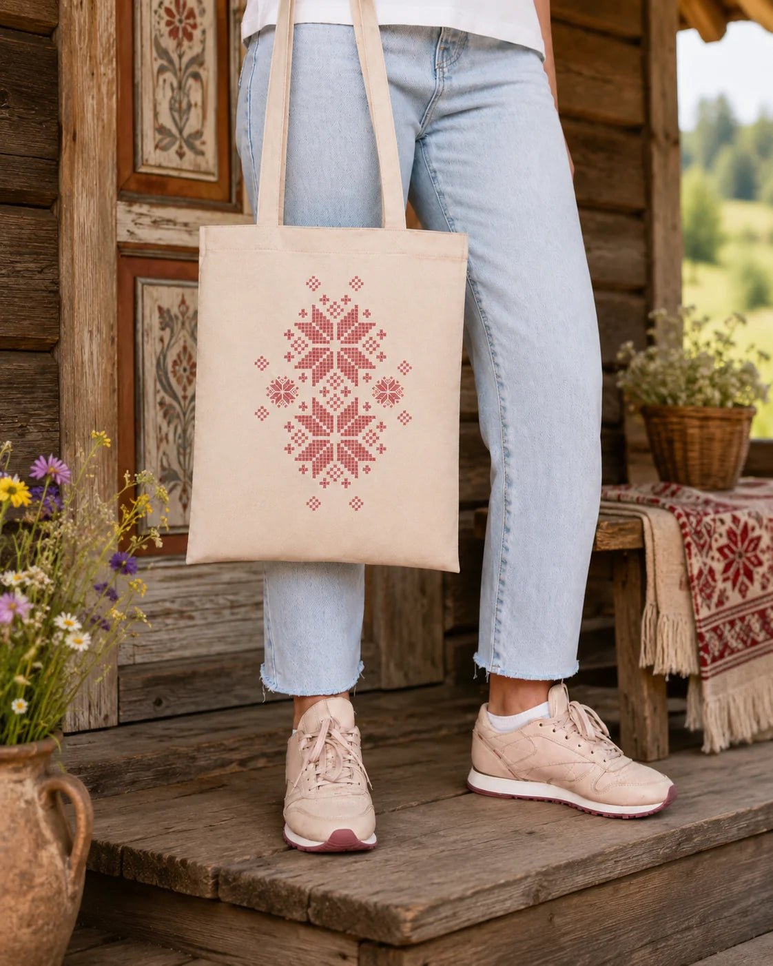 Cotton fabric bag "Bordo Auseklis" available online at Šarlotes audumi
