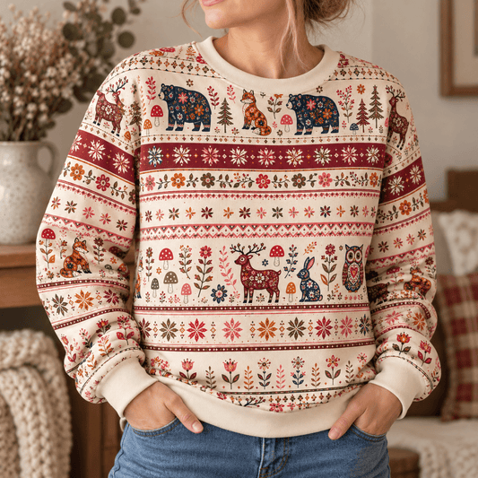 Tissu en jersey bouclette de coton avec doublure, conte forestier scandinave – disponible en ligne chez Šarlotes audumi