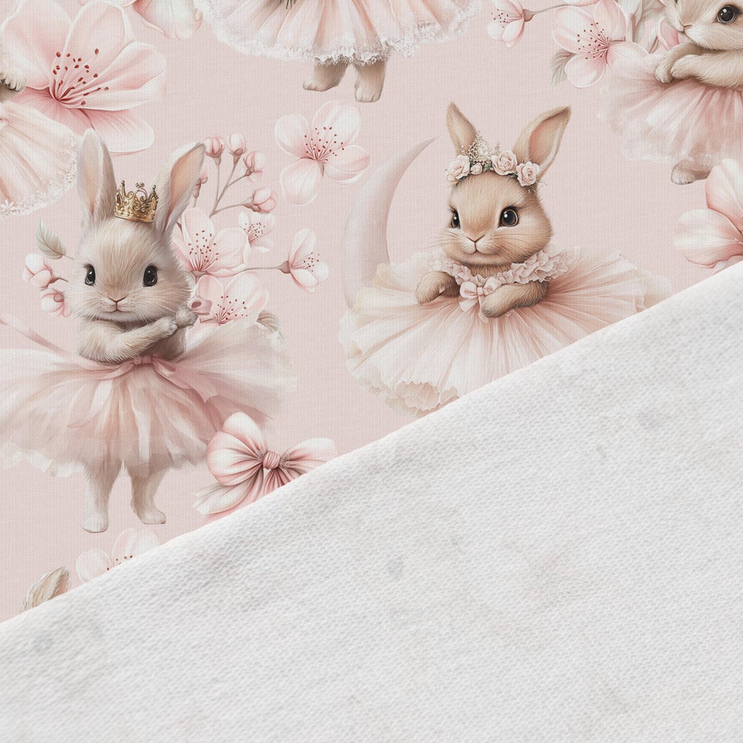 Image de jersey bouclette en coton - lapins ballerines dans des fleurs 250 g/m² | Design - 15 – disponible chez Šarlotes audumi