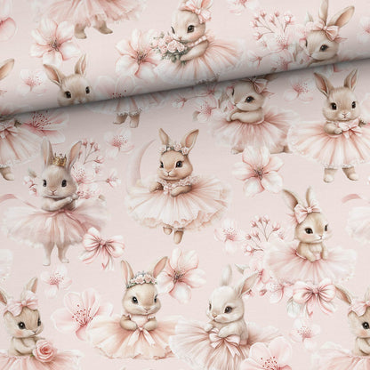 Image de jersey bouclette en coton - lapins ballerines dans les fleurs 250 g/m² | Design - 15 – disponible chez Šarlotes audumi