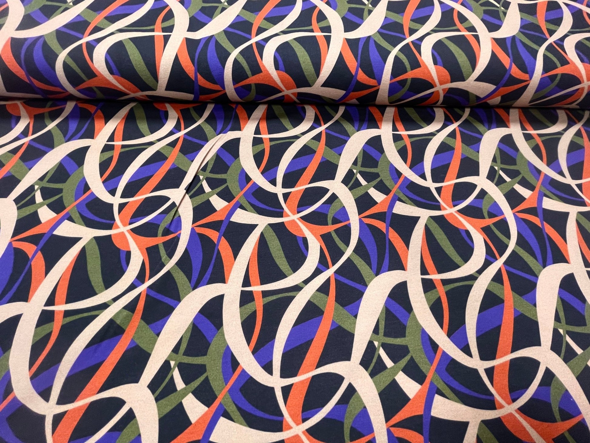 Maille bouclée en coton, motif beige, lilas, orange et vert, 250 g/m²