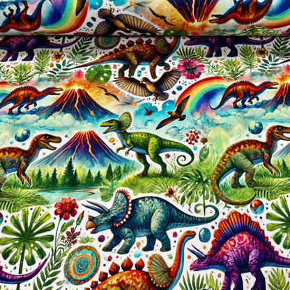 Maille bouclette en coton - monde des dinosaures 260 g/m²