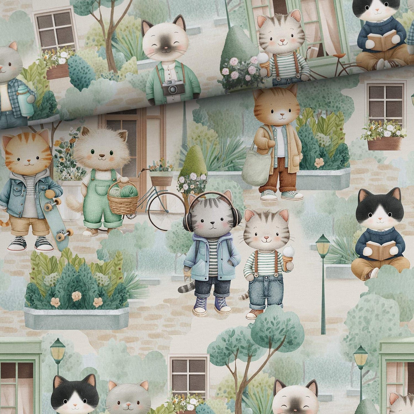 Image en maille bouclette en coton - La vie des chats en ville 250 g/m² – disponible chez Šarlotes audumi