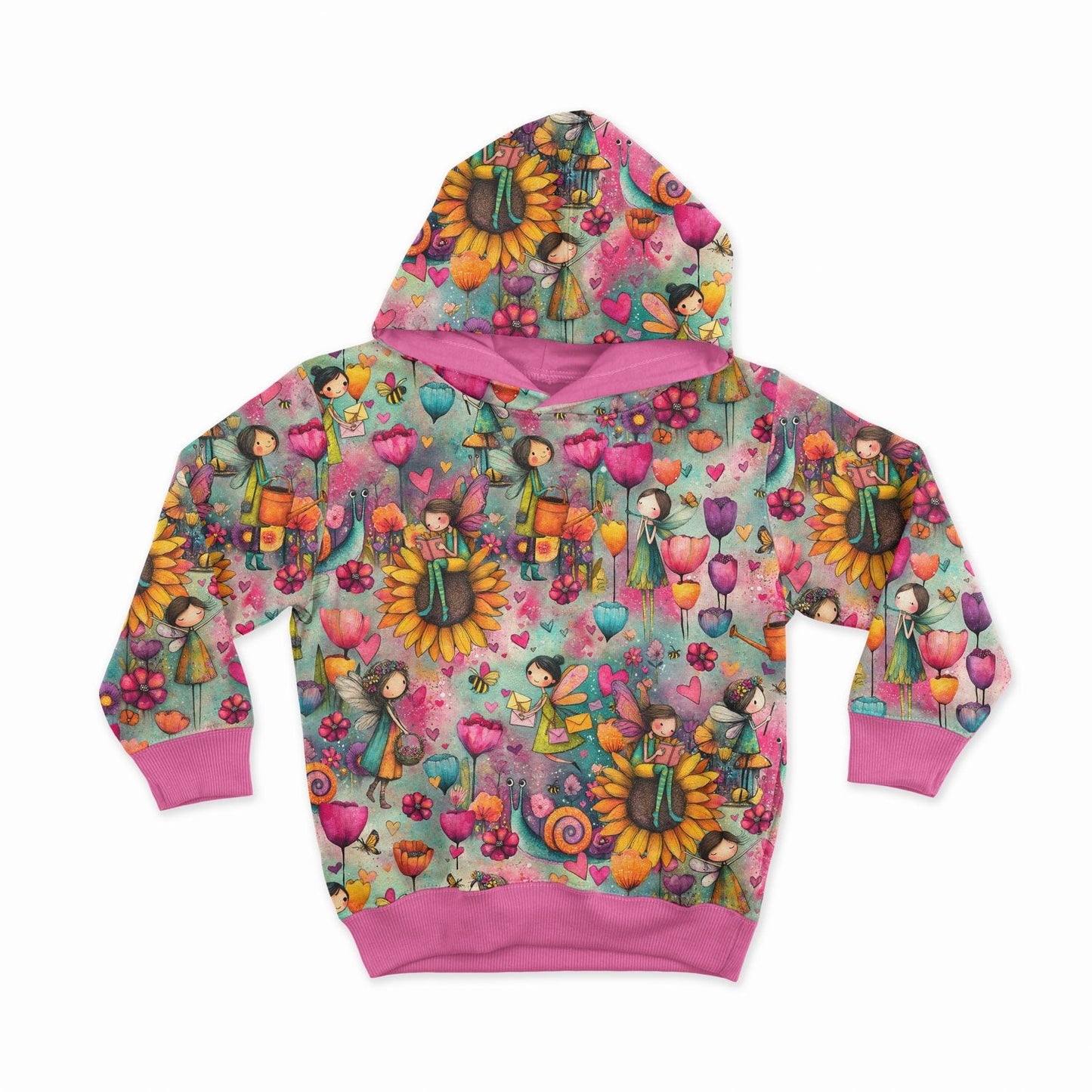 Image du tissu en maille bouclette en coton - fées colorées 250 g/m² – disponible chez Šarlotes audumi