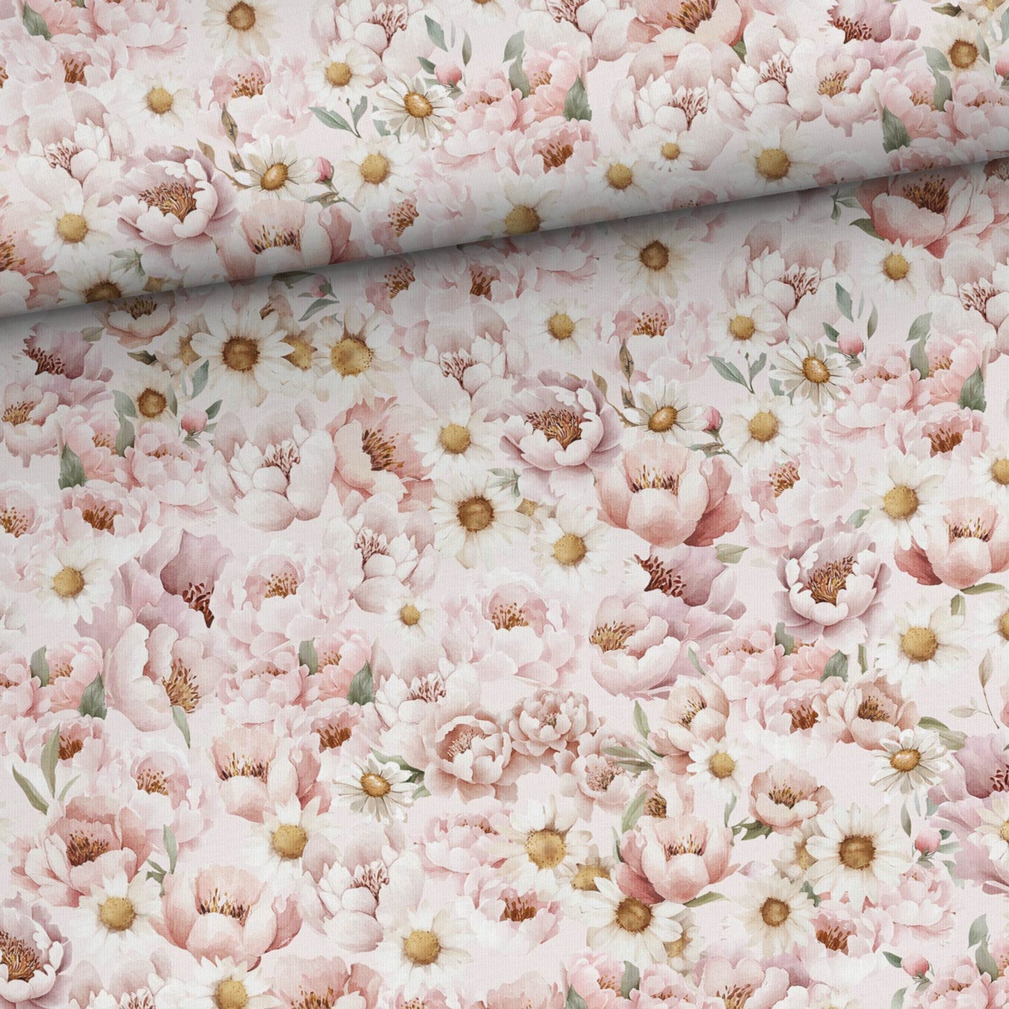 Maille bouclette en coton - marguerites et pivoines 250 g/m²